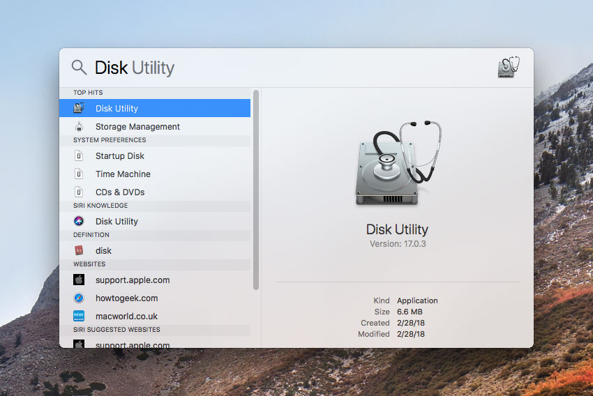 Using Spotlight Search to launch Disk Utility on osX High Sierra